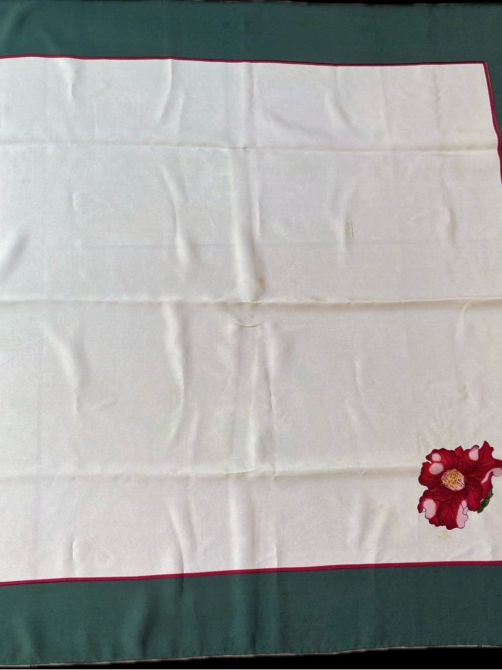 CHANEL Cream Silk Scarf with Red Flower and Green Border